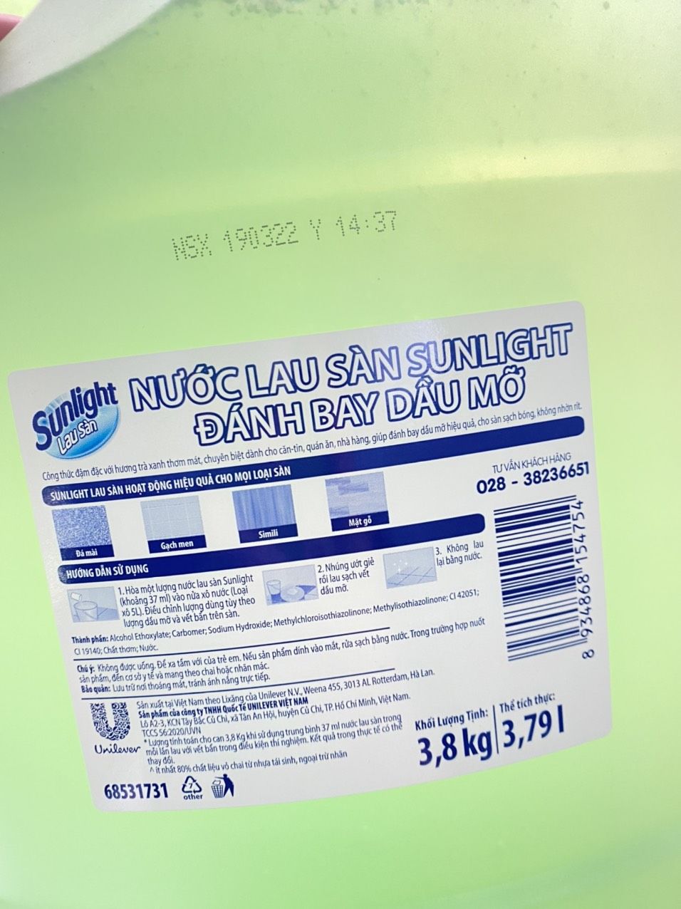 Nước Lau sàn Sunlight ( Đánh Bay Dầu Mỡ )